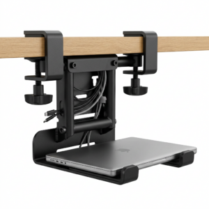 Clamp-on laptop holder with cable-management tray