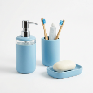 Sky-blue bathroom accessory set