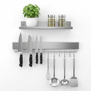 Wall-mounted stainless-steel knife and utensil organiser
