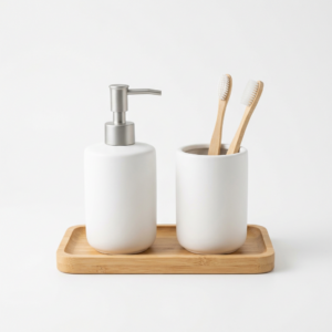 Soap dispenser and toothbrush-holder set with bamboo tray