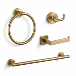Wall-mounted brass bathroom accessory set