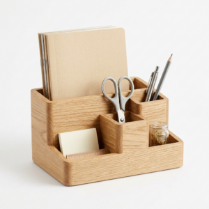 Five-compartment wooden desktop organiser