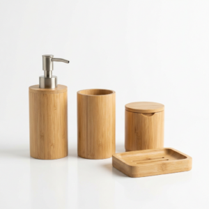Four-piece bamboo bathroom accessory set